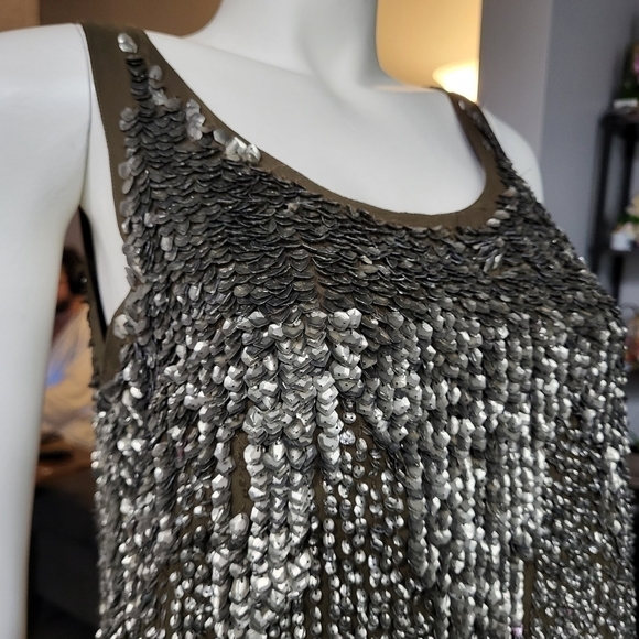 ZARA BASIC collection - Olive Green Antique Silver Sequin Tunic Mini Shift Dress - Picture 5 of 15